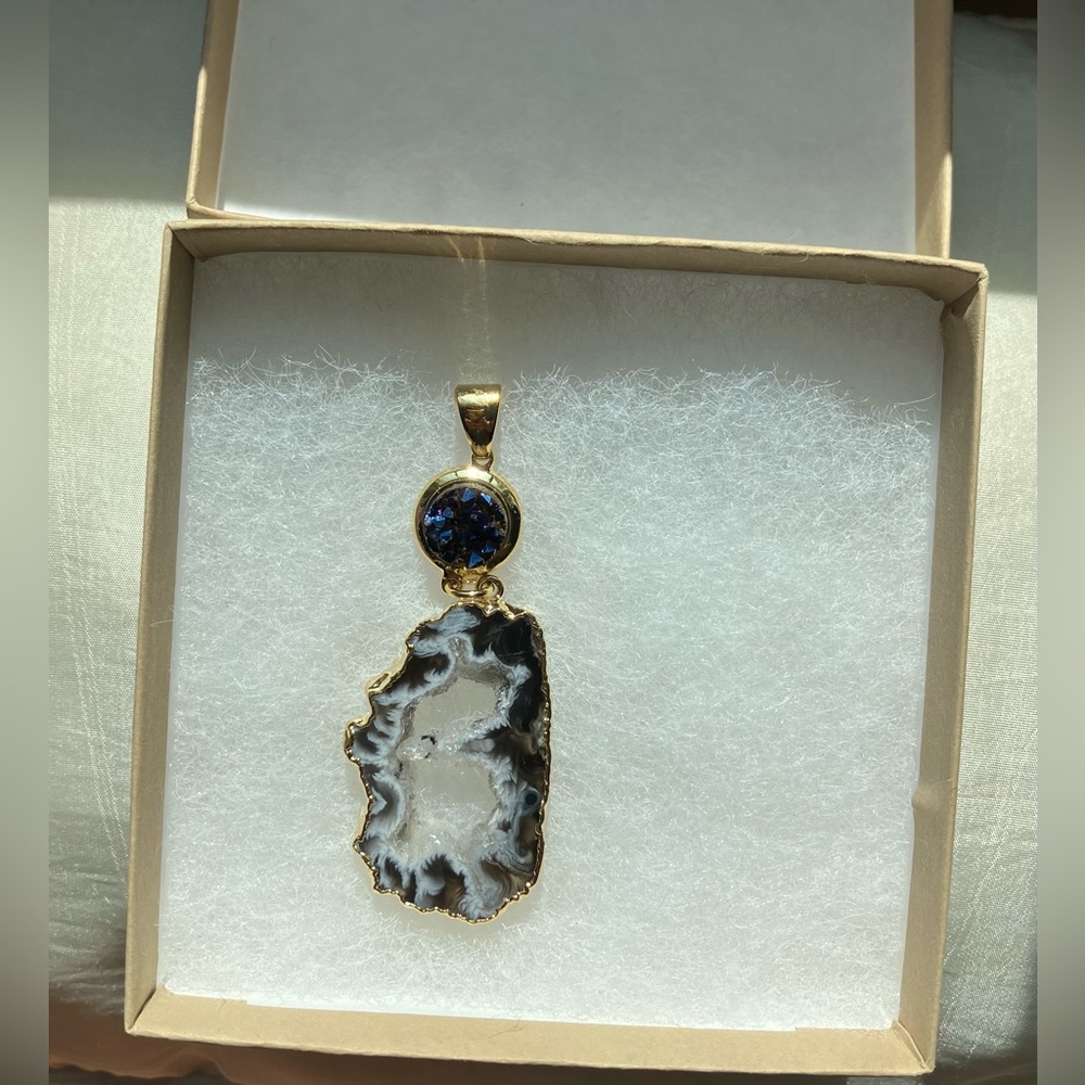 Gold Plated Oco Geode Slice w/ Metallicized Druzy Pendant 2.75" avg
